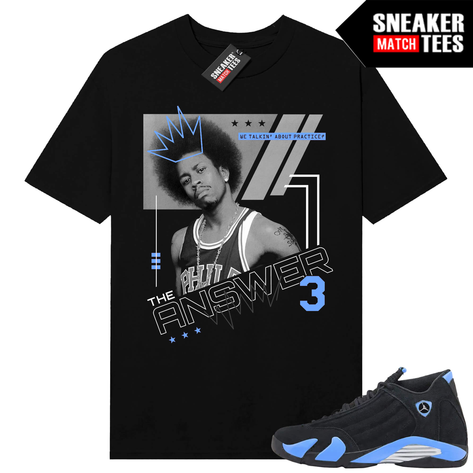 Jordan 14 Black University Blue Sneaker Match Tees Black The Answer