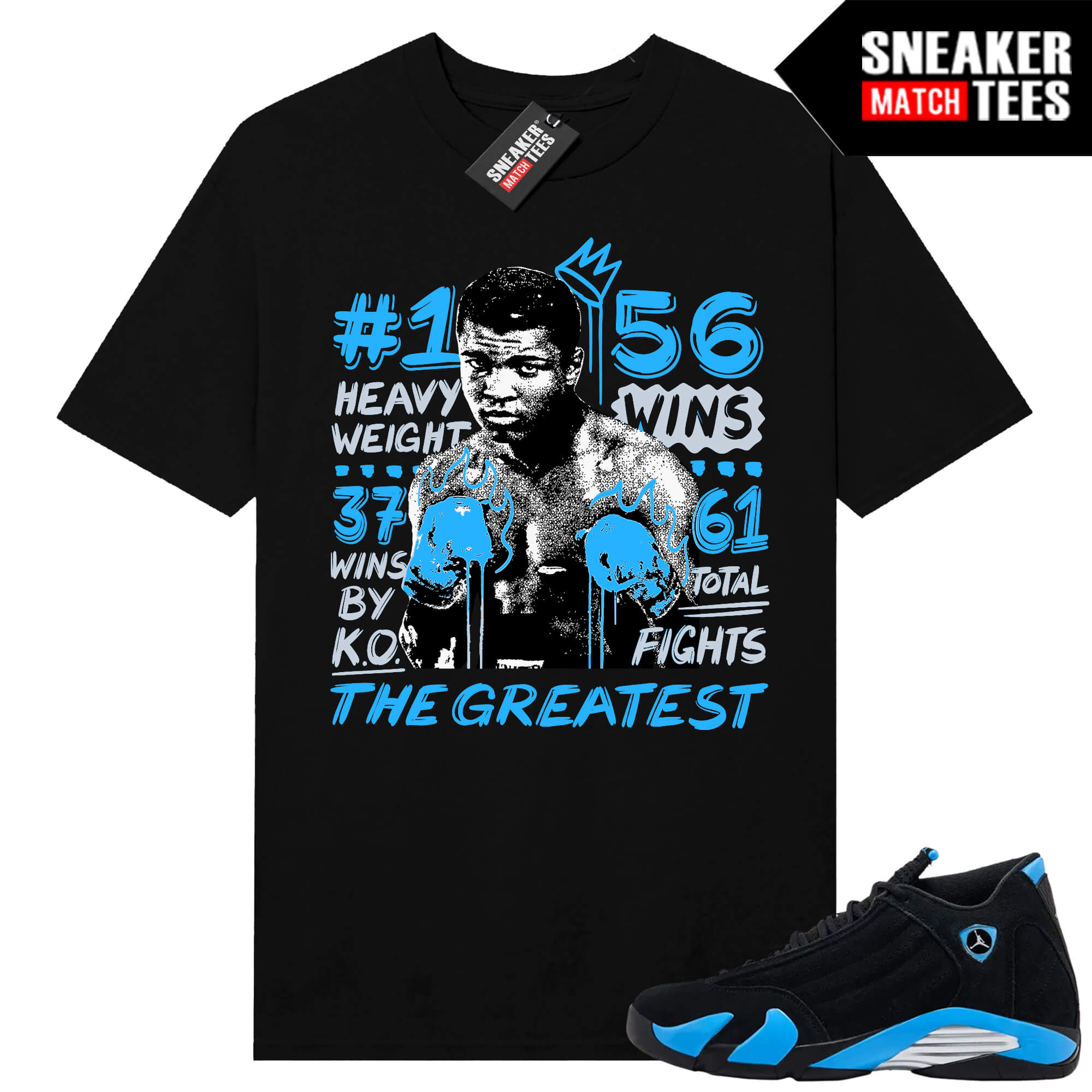Jordan 14 Black University Blue Sneaker Match Tees Black The Greatest