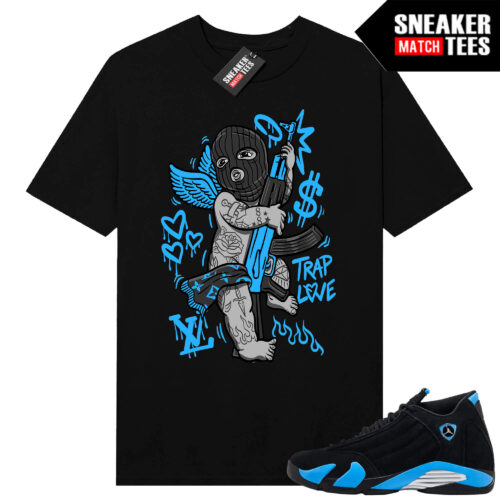 Jordan 14 Black University Blue Sneaker Match Tees Black Trap Angel