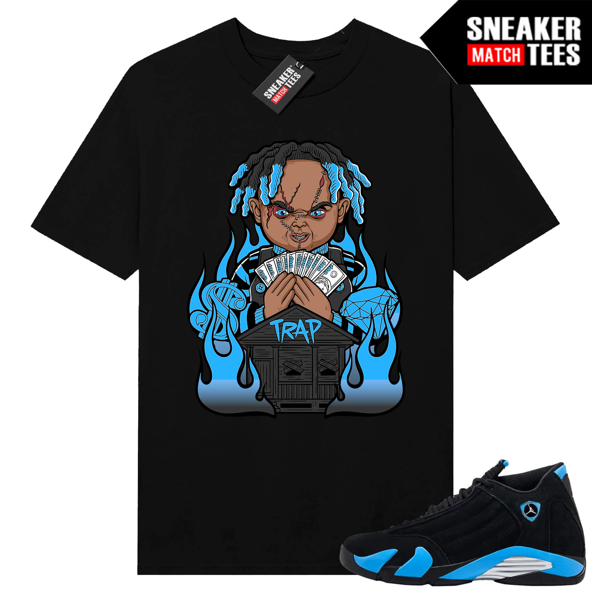 Jordan 14 Black University Blue Sneaker Match Tees Black Trap Chucky