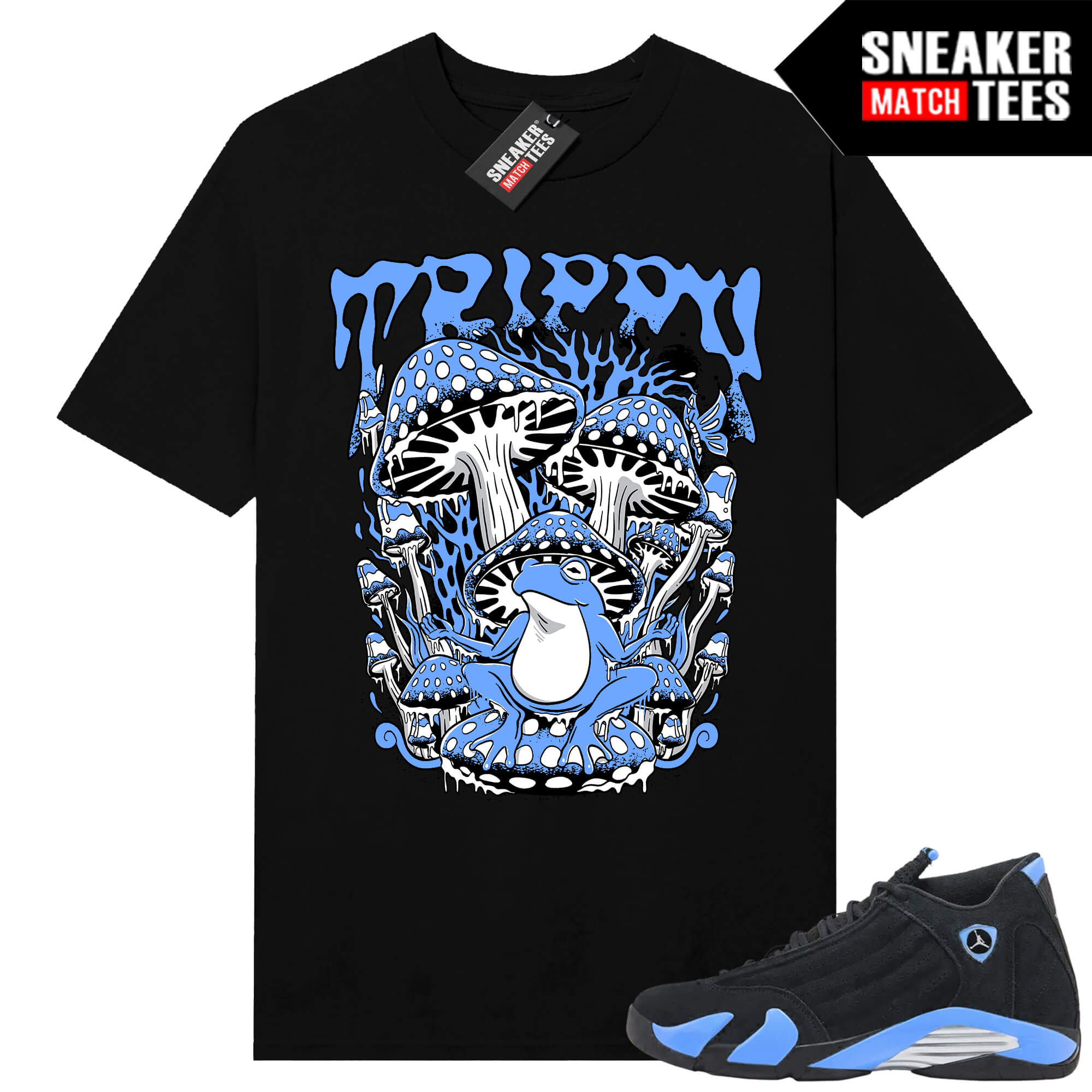 Jordan 14 Black University Blue Sneaker Match Tees Black Trippy