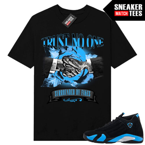 Jordan 14 Black University Blue Sneaker Match Tees Black Trust No One