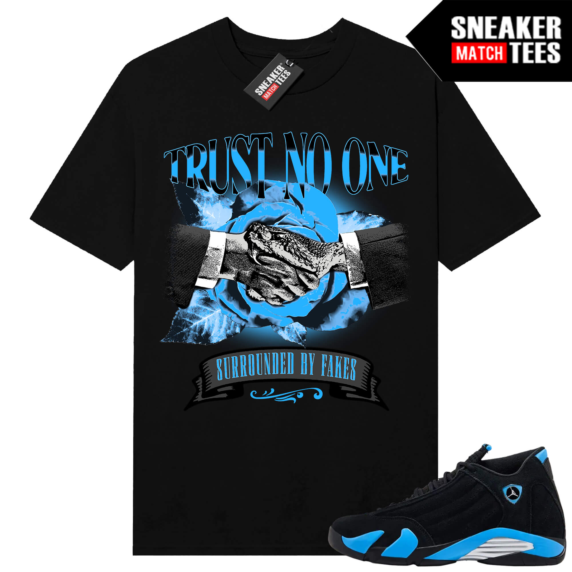 Jordan 14 Black University Blue Sneaker Match Tees Black Trust No One