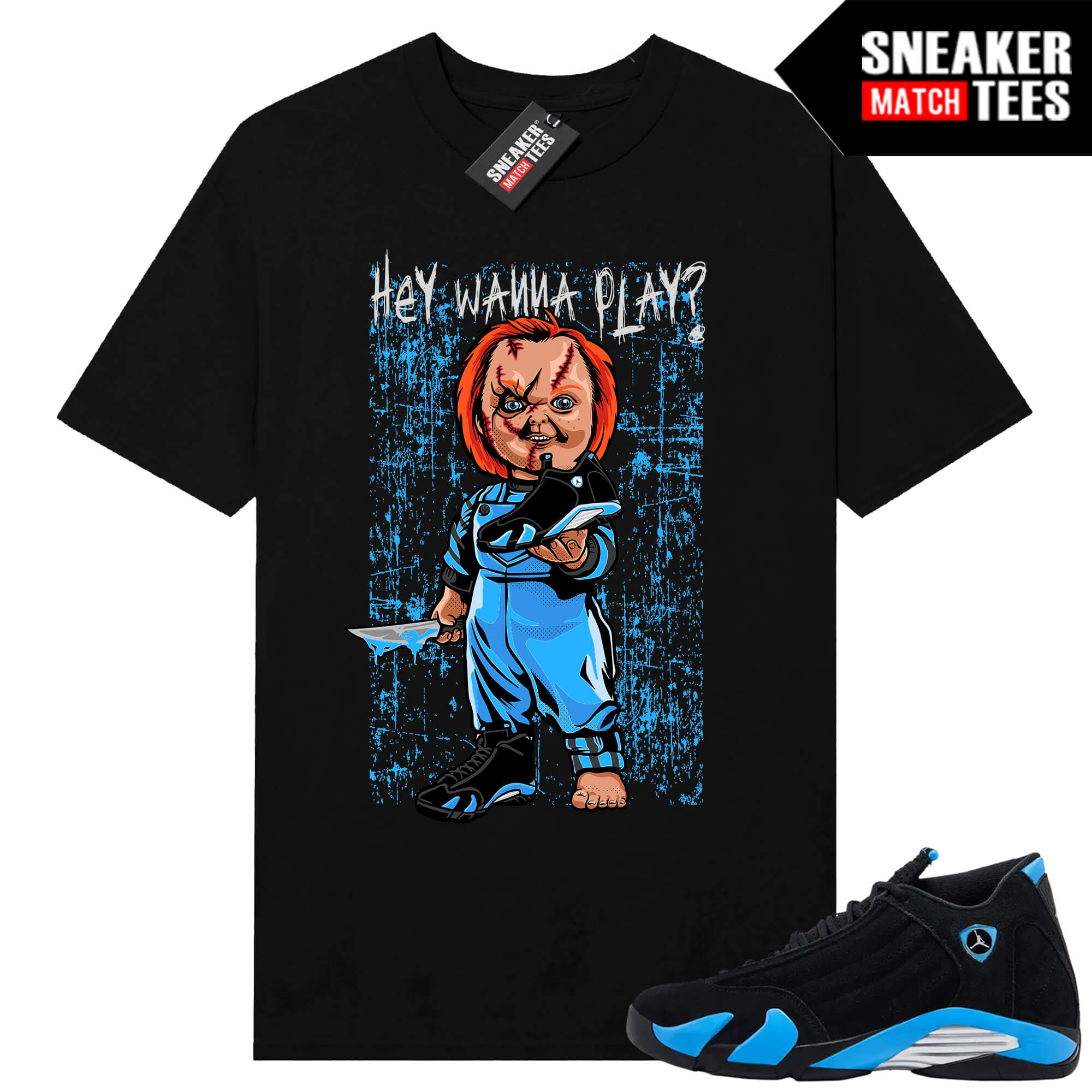 Jordan 14 Black University Blue Sneaker Match Tees Black Wanna Play