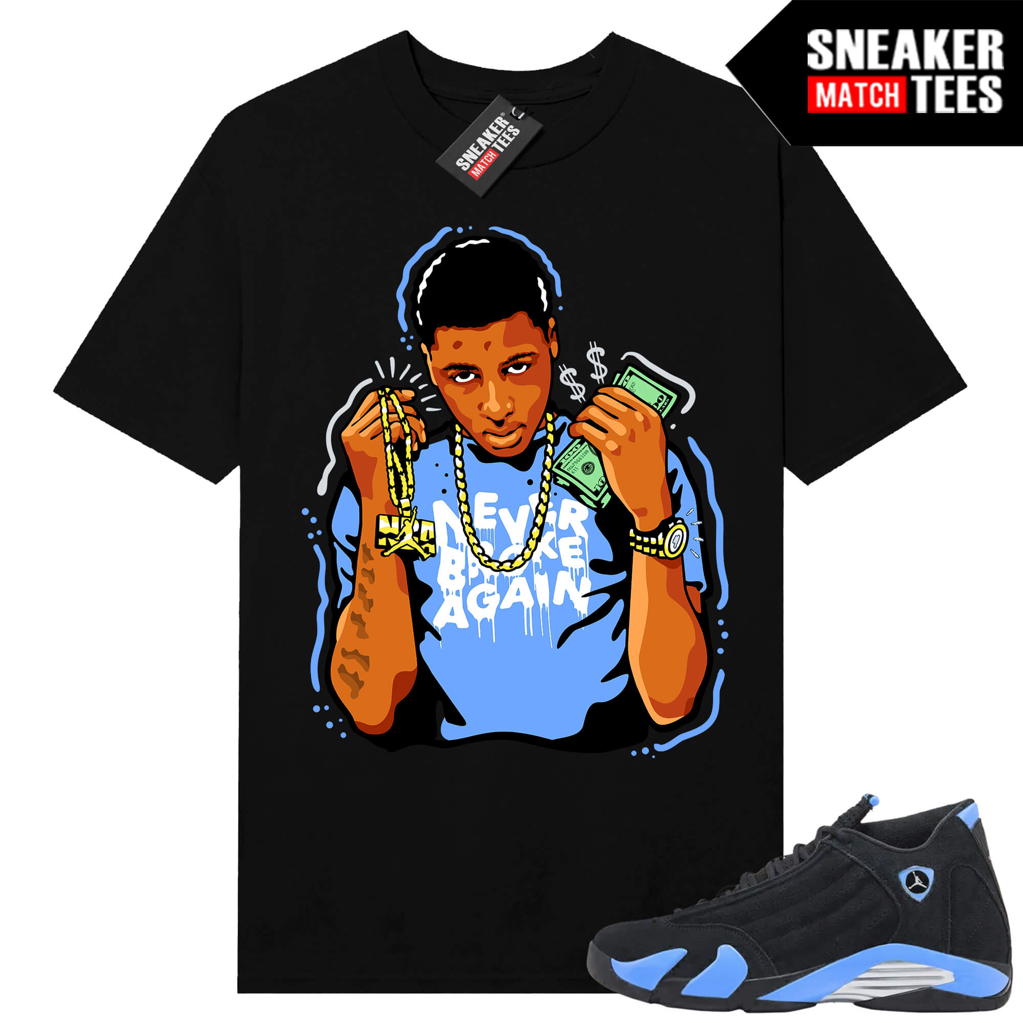 Jordan 14 Black University Blue Sneaker Match Tees Black YoungBoy