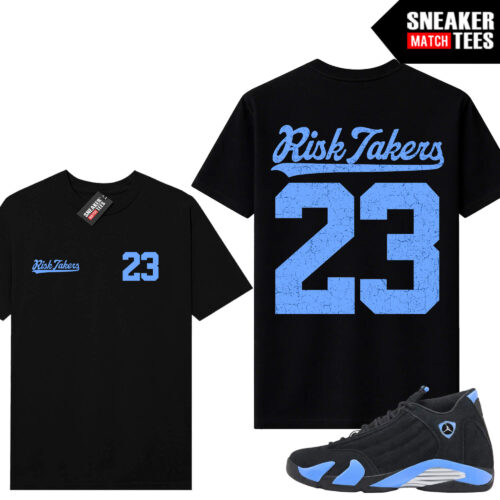 Jordan 14 Black University Blue Sneaker Match Tees Black Risktakers 23