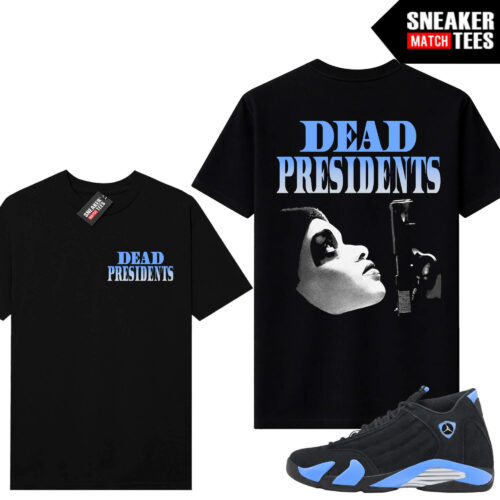 Jordan 14 Black University Blue Sneaker Match Tees Black V2 Dead Presidents