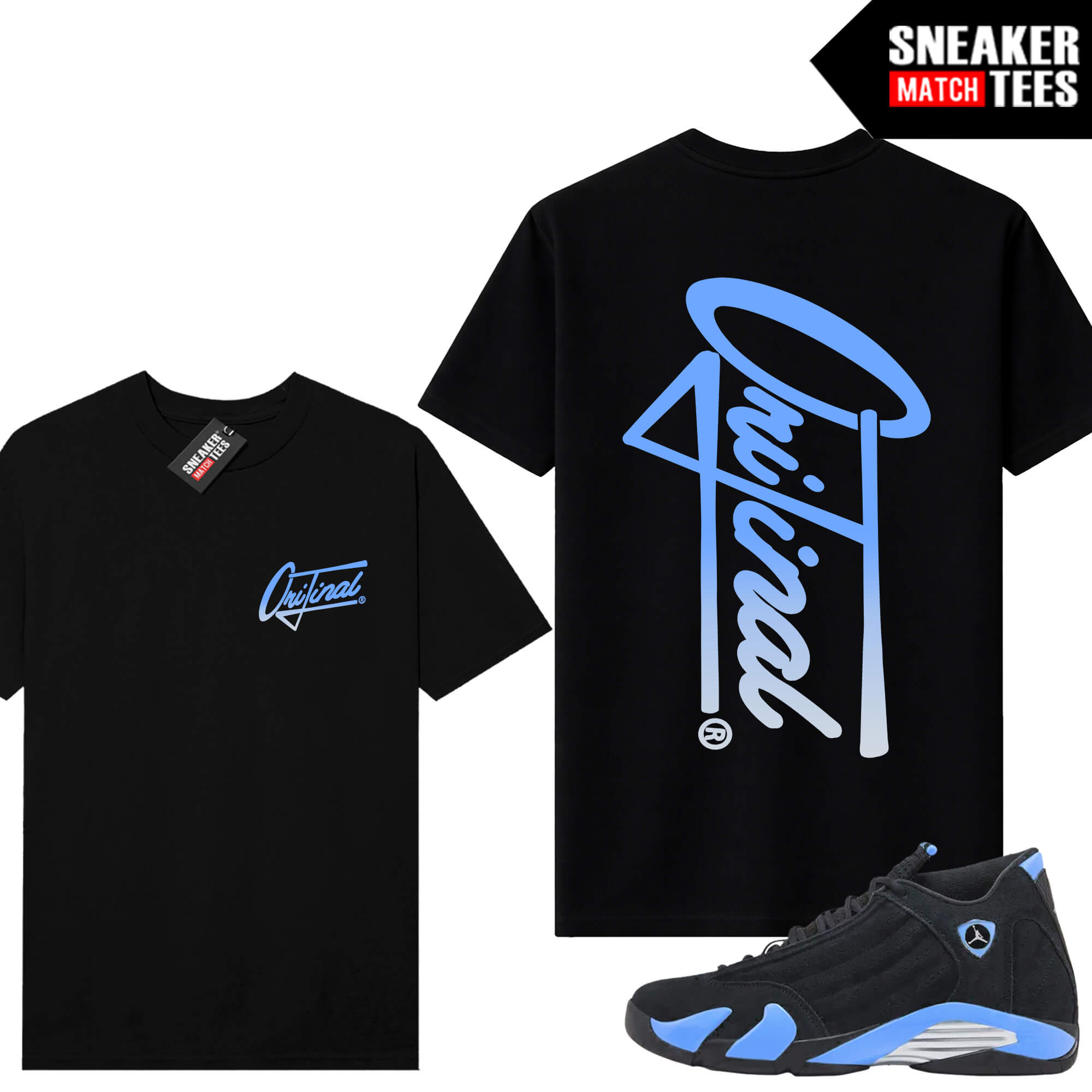 Jordan 14 Black University Blue Sneaker Match Tees Black V2 Orijinal Script