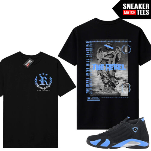 Jordan 14 Black University Blue Sneaker Match Tees Black V2 Rebel