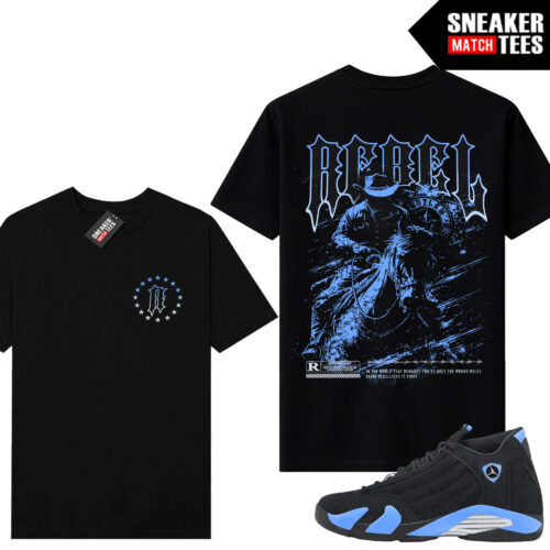 Jordan 14 Black University Blue Sneaker Match Tees Black V2 Rebel Outlaw