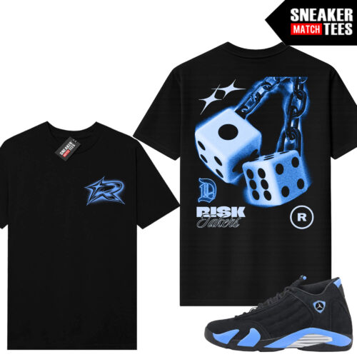 Jordan 14 Black University Blue Sneaker Match Tees Black V2 Risktakers Dice
