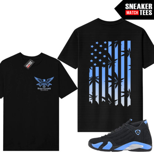 Jordan 14 Black University Blue Sneaker Match Tees Black V2 Risktakers Kush Flag