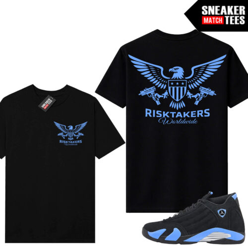 Jordan 14 Black University Blue Sneaker Match Tees Black V2 Risktakers Strapped Eagle