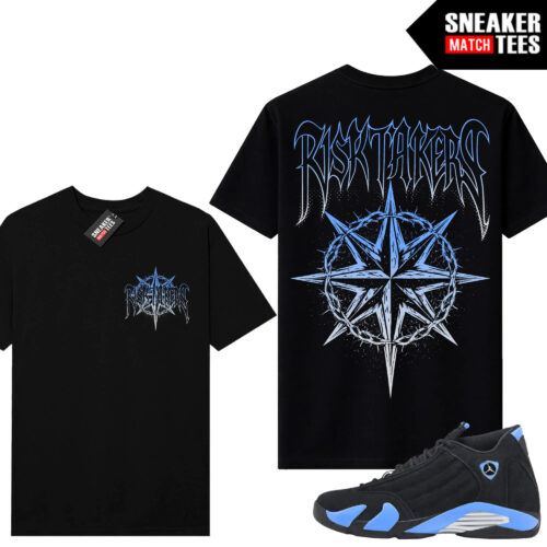 Jordan 14 Black University Blue Sneaker Match Tees Black V2 Risktakers Thorn Star