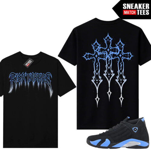 Jordan 14 Black University Blue Sneaker Match Tees Black V2 Risktakers Triple Cross
