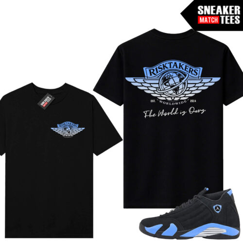 Jordan 14 Black University Blue Sneaker Match Tees Black V2 Risktakers Wings Logo