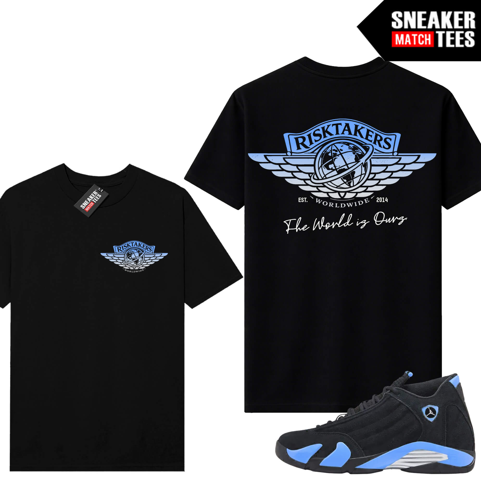 Jordan 14 Black University Blue Sneaker Match Tees Black V2 Risktakers Wings Logo