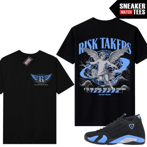 Jordan 14 Black University Blue Sneaker Match Tees Black V2 Risktakers Worldwide