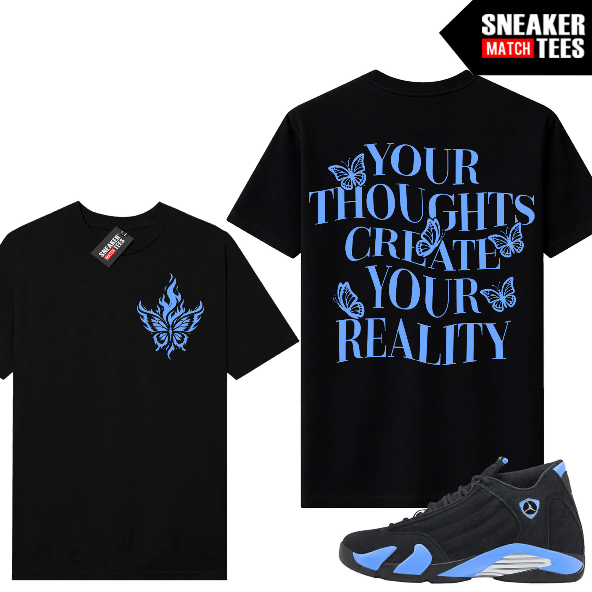 Jordan 14 Black University Blue Sneaker Match Tees Black V2 Thoughts