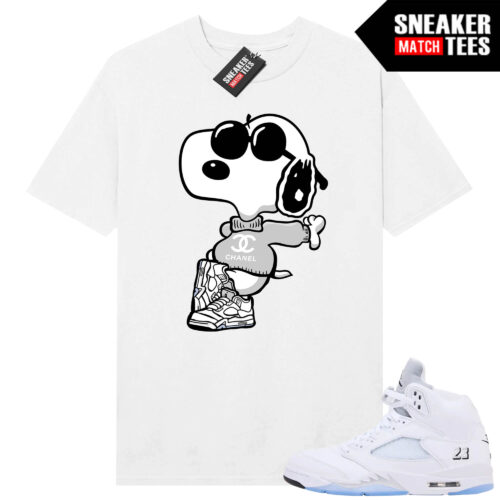 White Metallic 5 AJ5 Sneaker Match Tees White Shirt Fly Snoopy