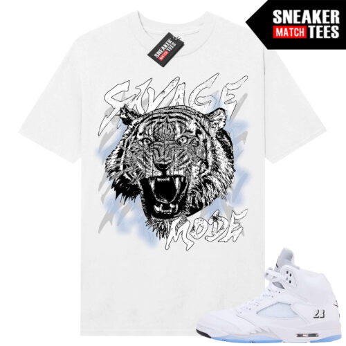 White Metallic 5 AJ5 Sneaker Match Tees White Shirt Savage Mode