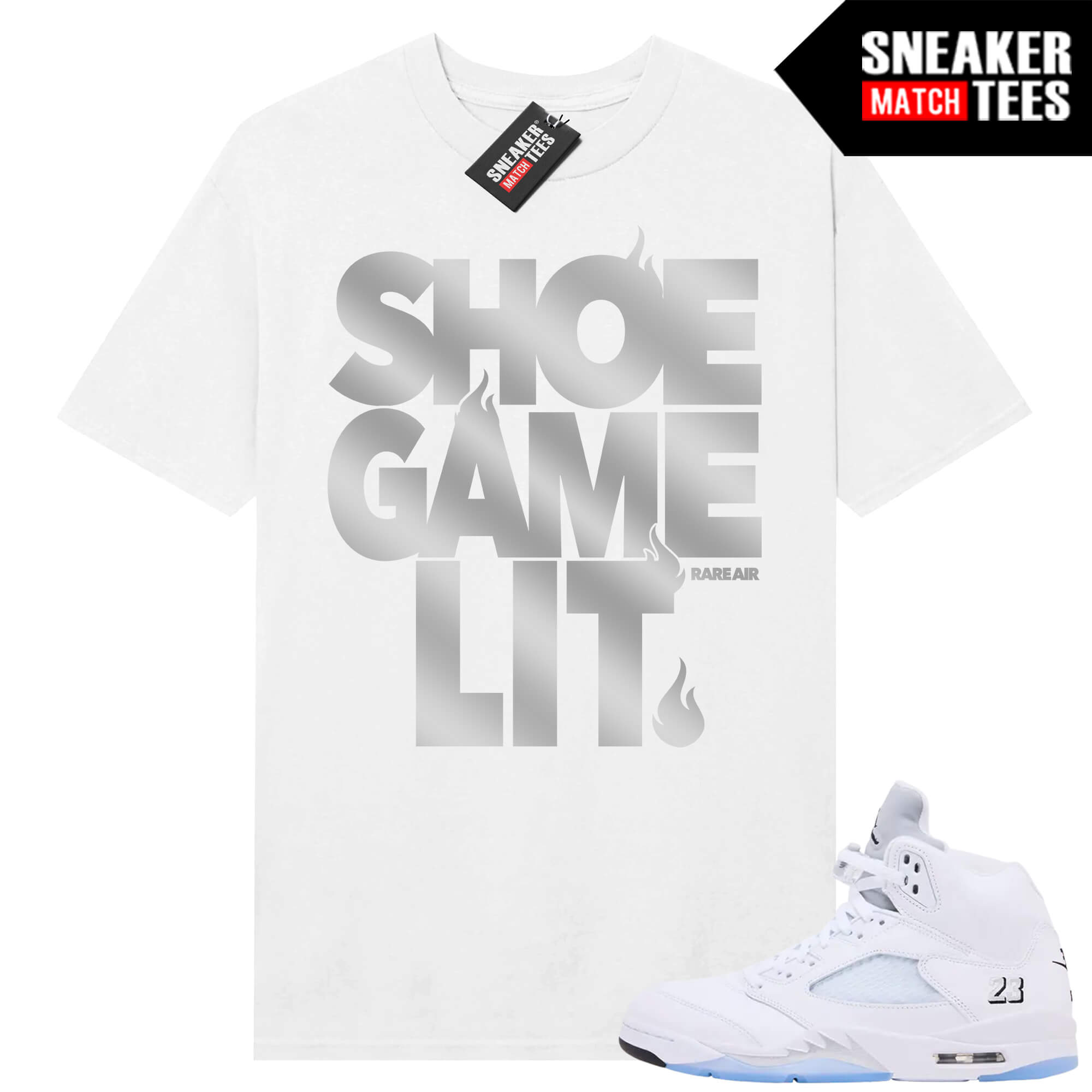 White Metallic 5 AJ5 Sneaker Match Tees White Shirt Shoe Game Lit