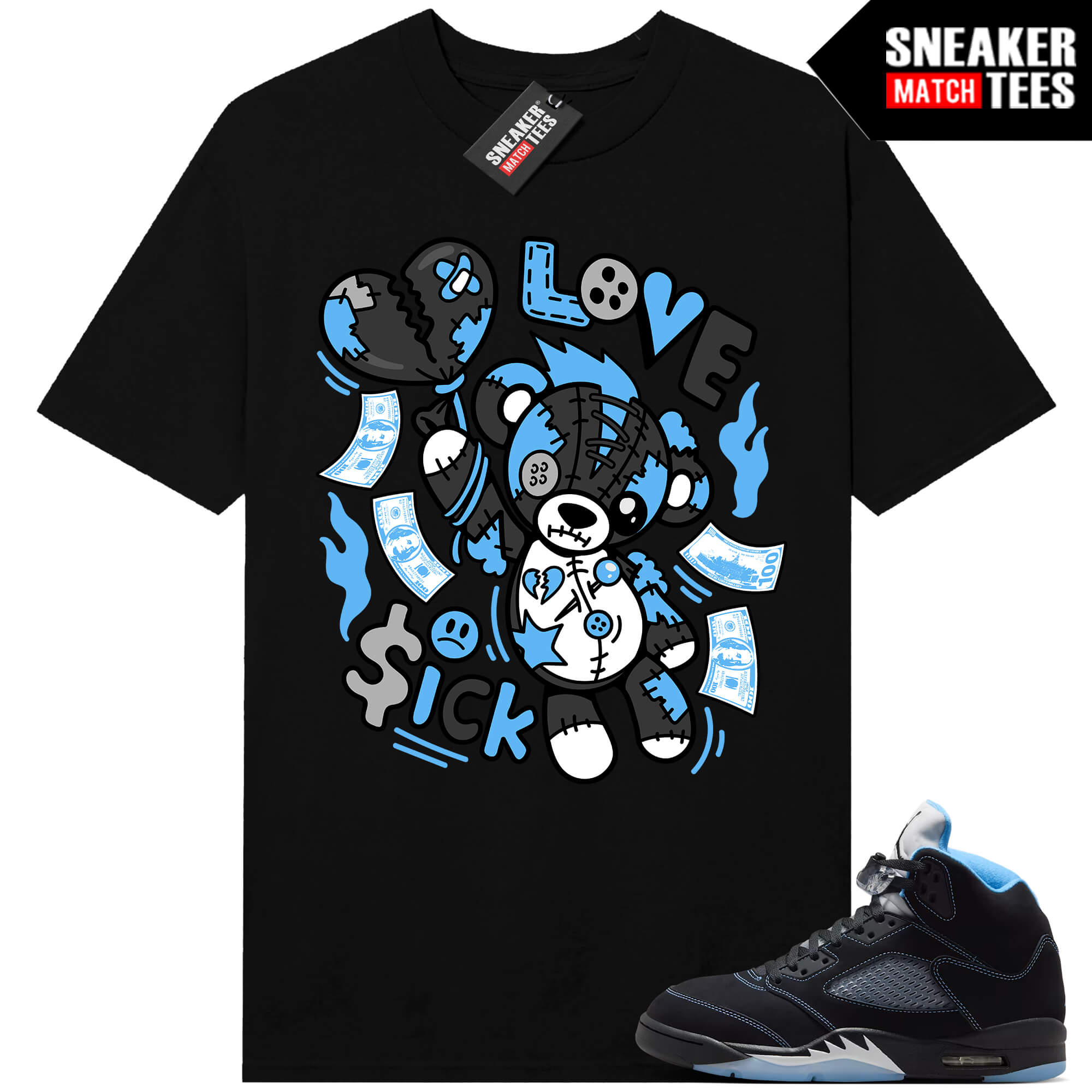 Black Carolina 5 AJ5 Sneaker Match Tees Black Love Sick Bear
