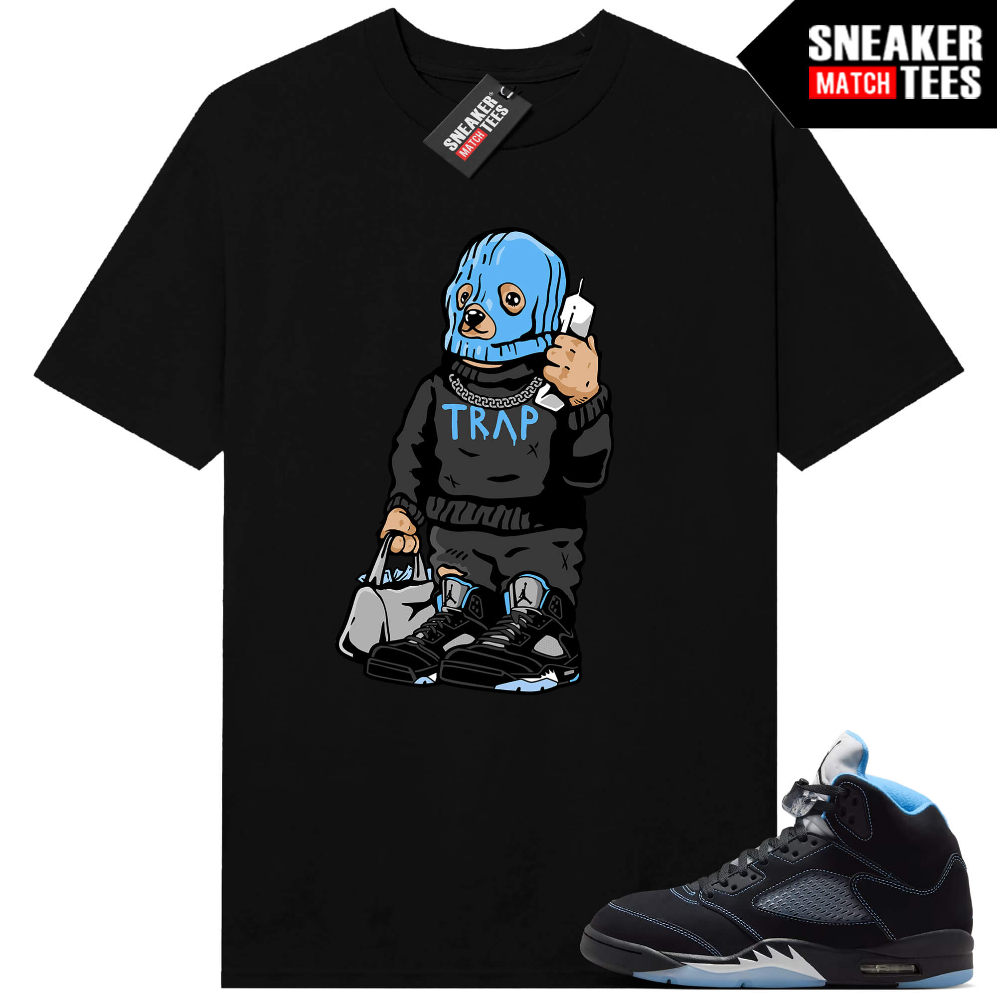 Black Carolina 5 AJ5 Sneaker Match Tees Black Trap Bear