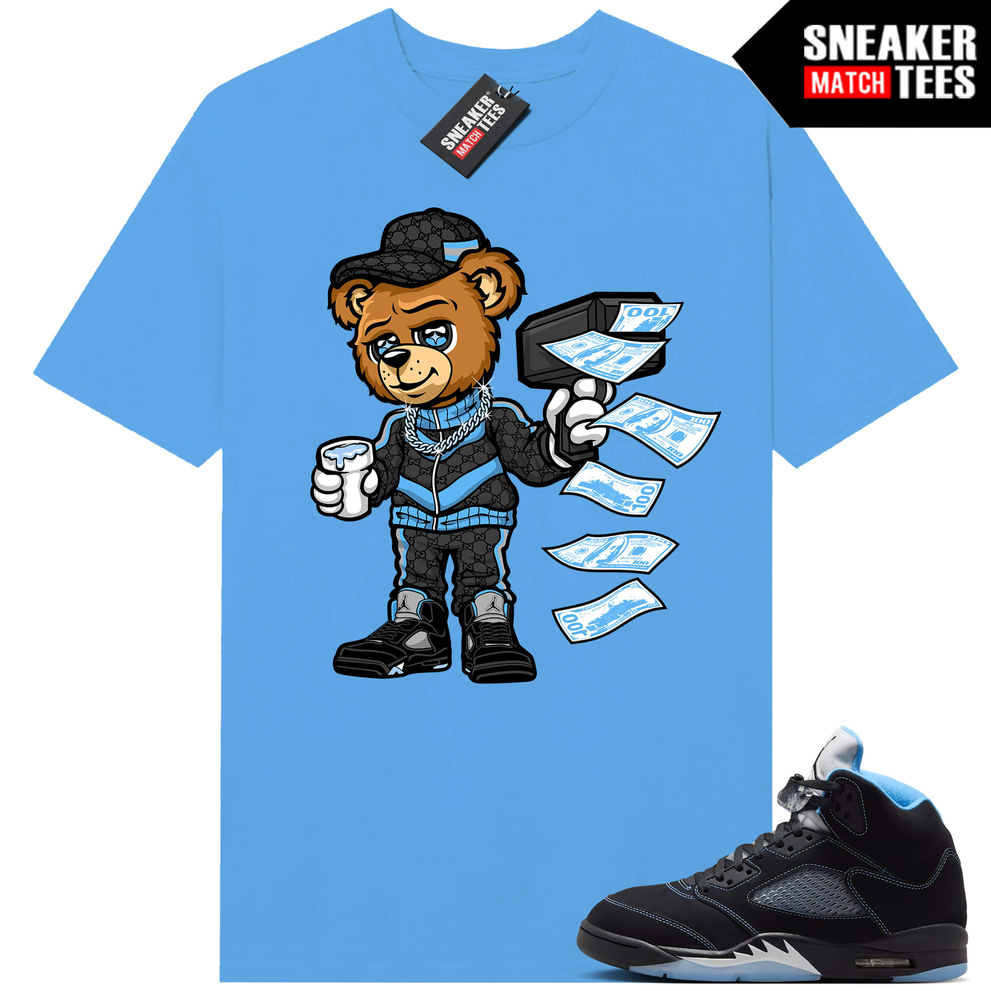 Black Carolina 5 AJ5 Sneaker Match Tees Carolina Blue Cash Canon Bear