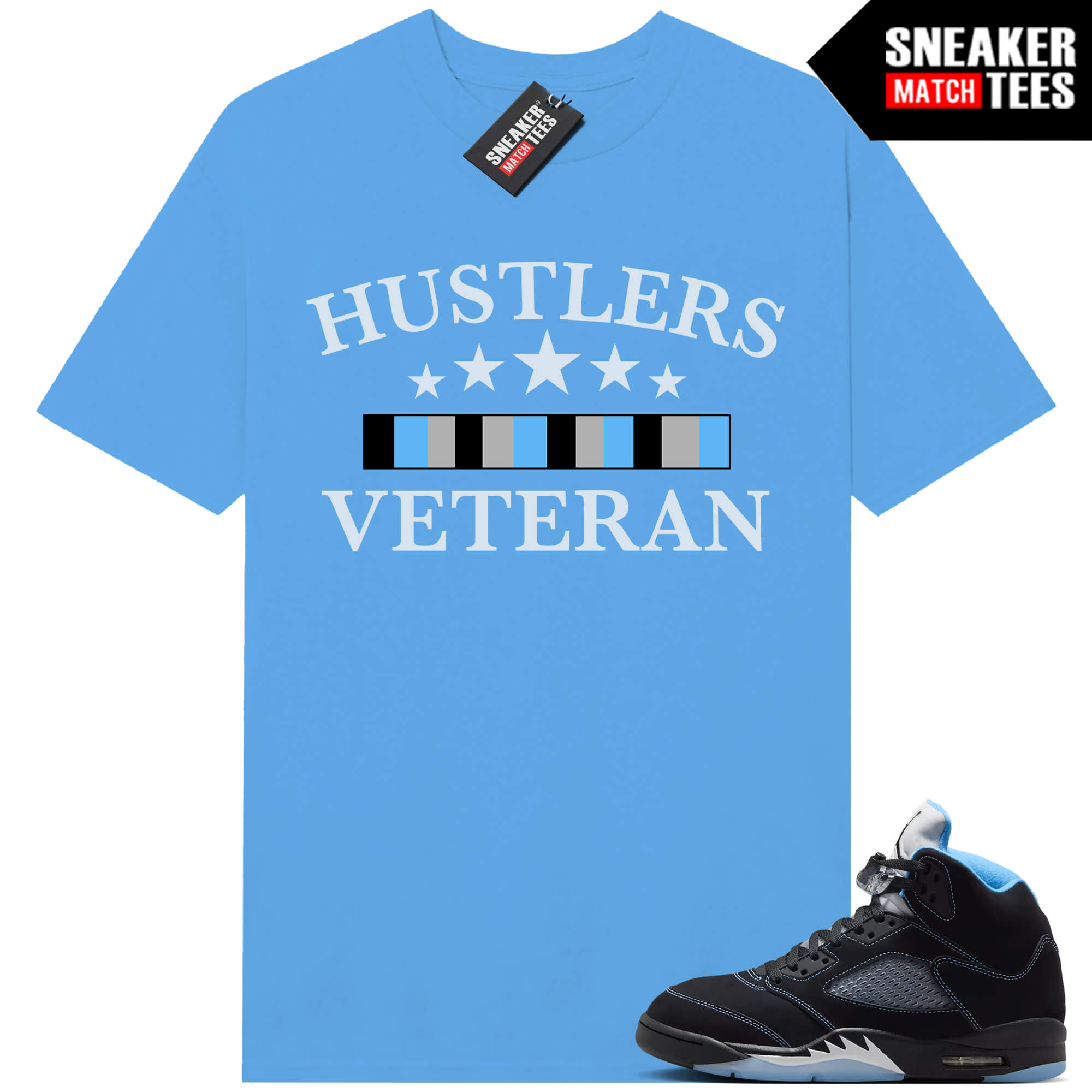 Black Carolina 5 AJ5 Sneaker Match Tees Carolina Blue Hustlers Veteran