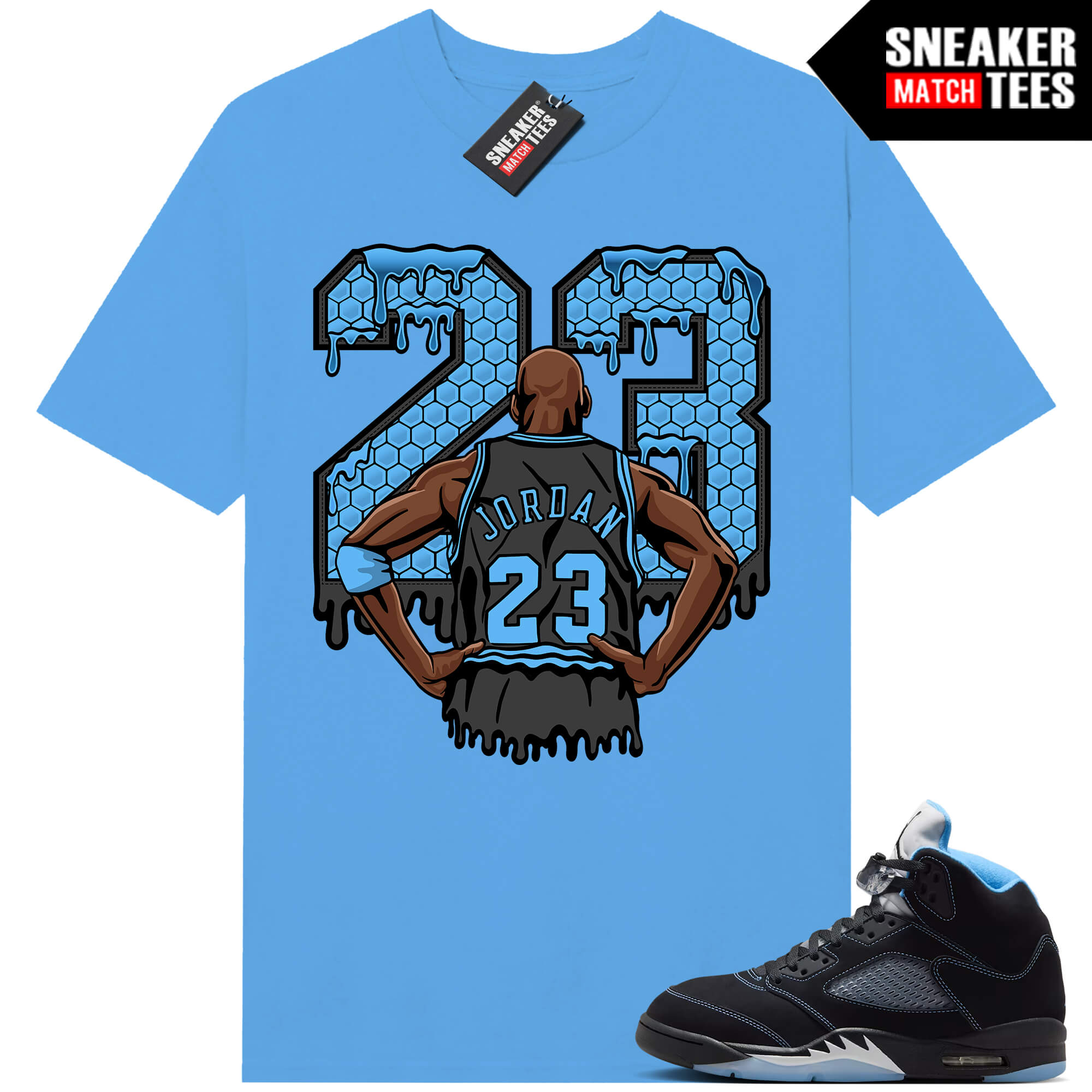Black Carolina 5 AJ5 Sneaker Match Tees Carolina Blue MJ 23 is Back