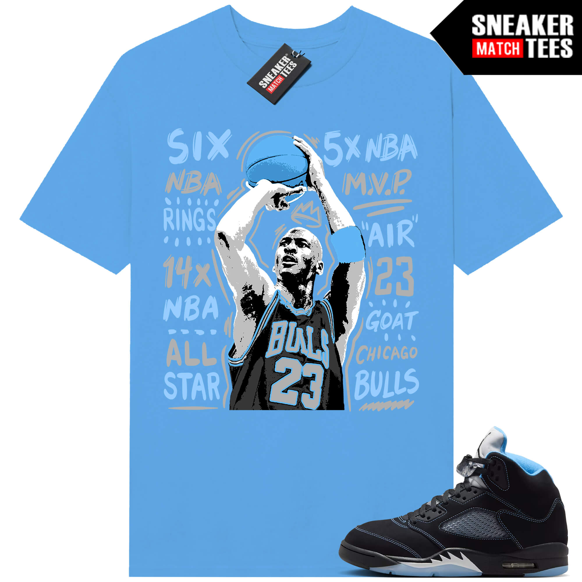 Black Carolina 5 AJ5 Sneaker Match Tees Carolina Blue MJ Jumper