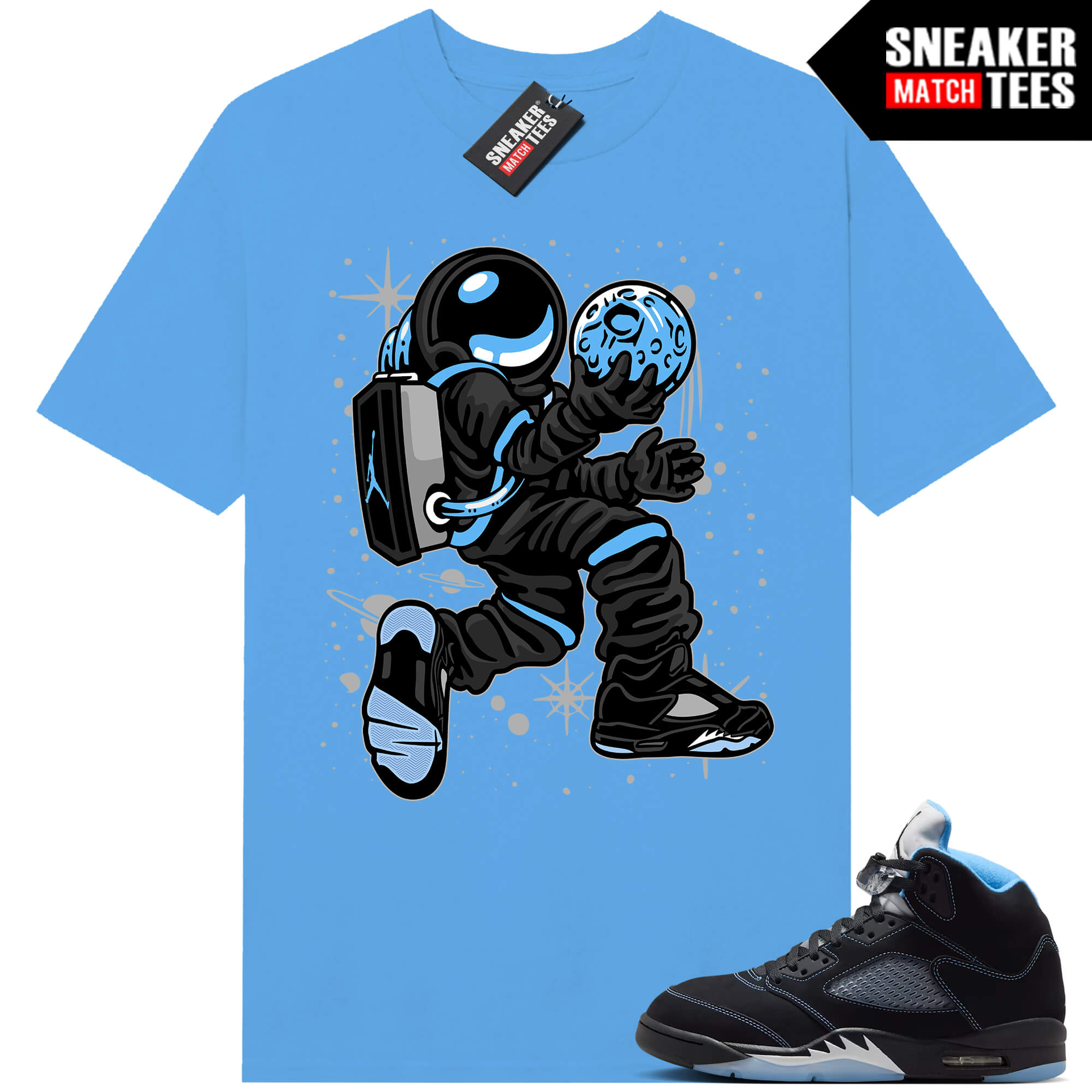 Black Carolina 5 AJ5 Sneaker Match Tees Carolina Blue Moonman