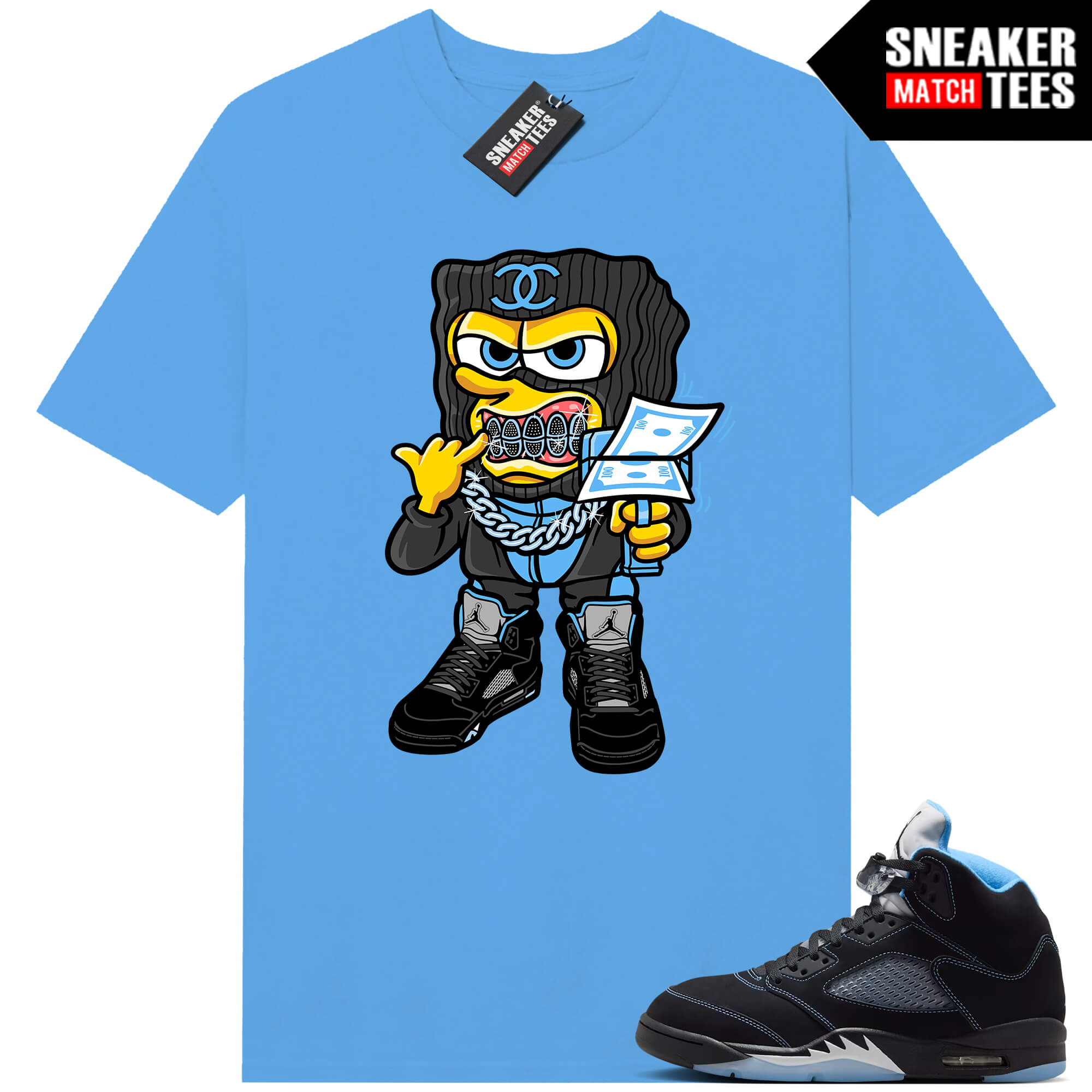 Black Carolina 5 AJ5 Sneaker Match Tees Carolina Blue Shiesty Bob