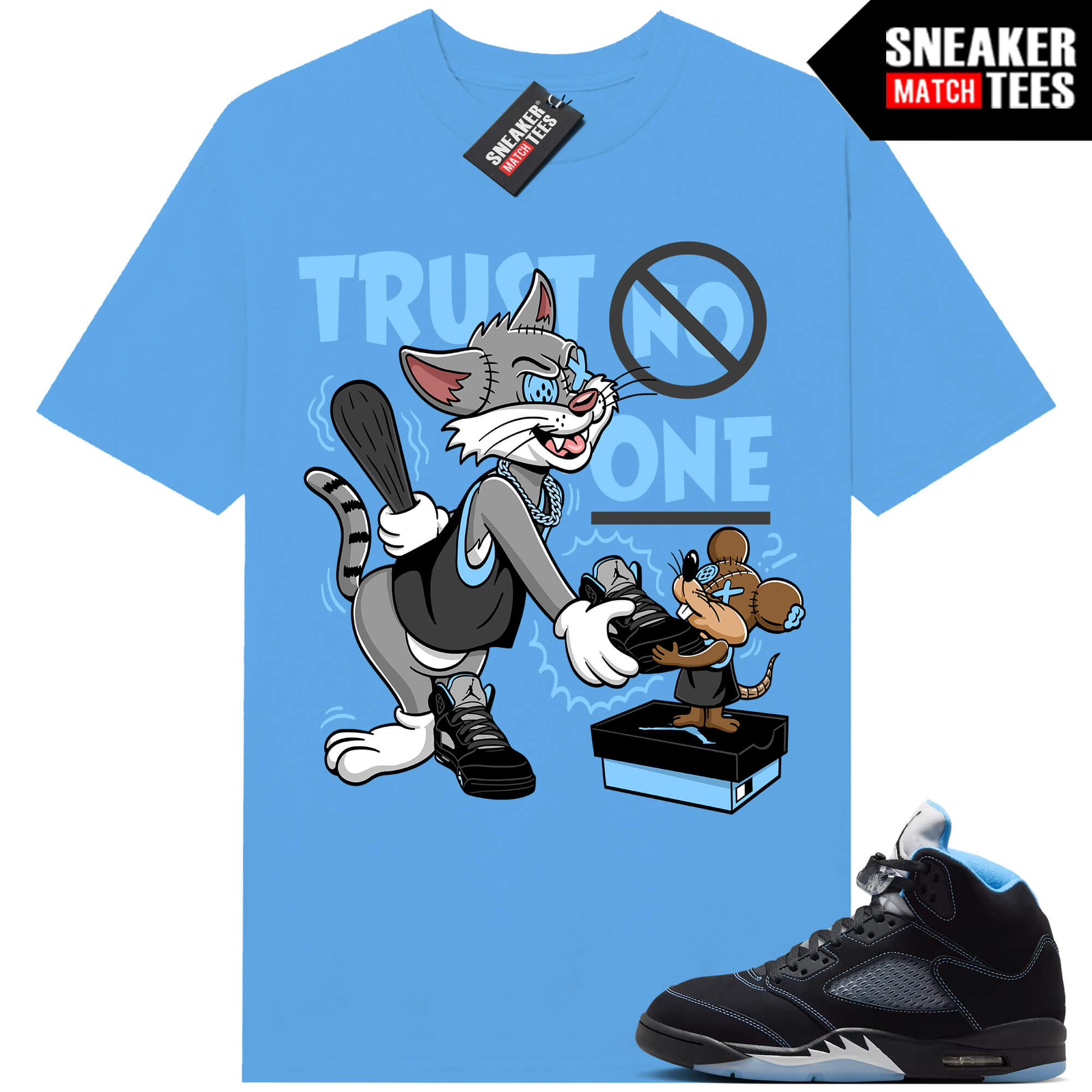 Black Carolina 5 AJ5 Sneaker Match Tees Carolina Blue Trust No One Toons