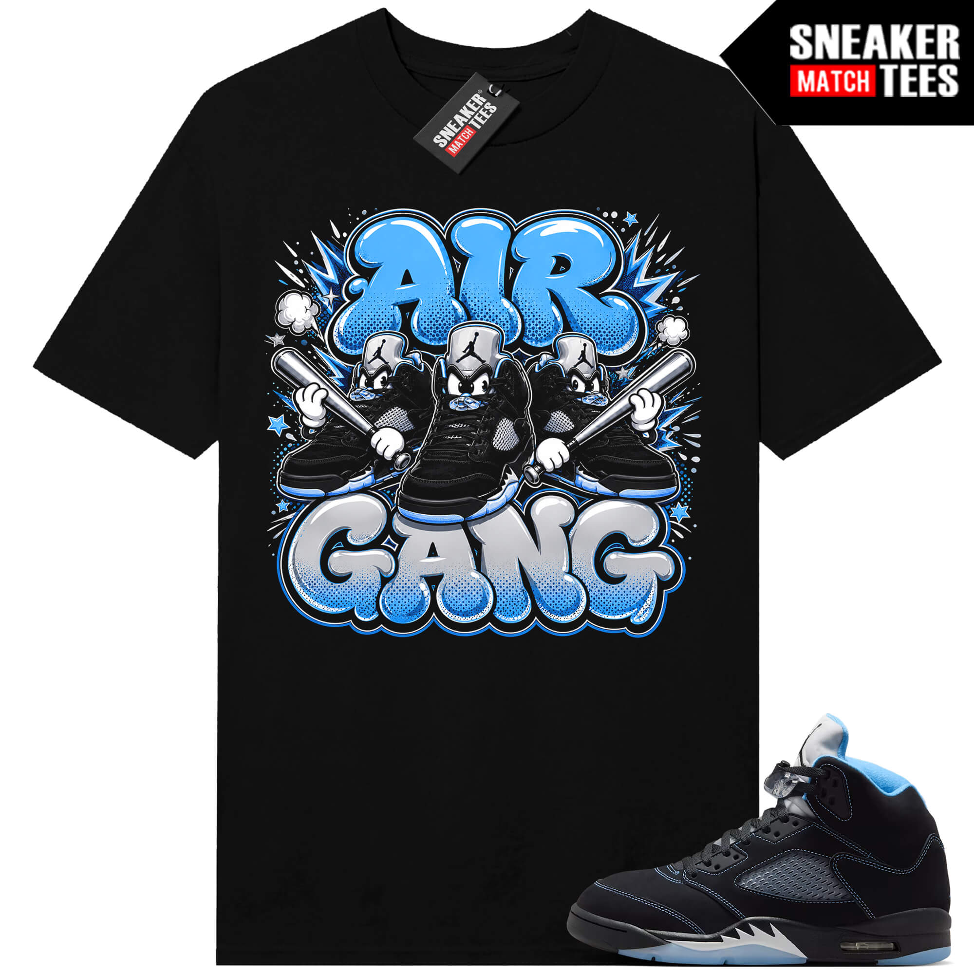 Black Carolina 5 AJ5 Sneaker Match Tees Black Air Gang
