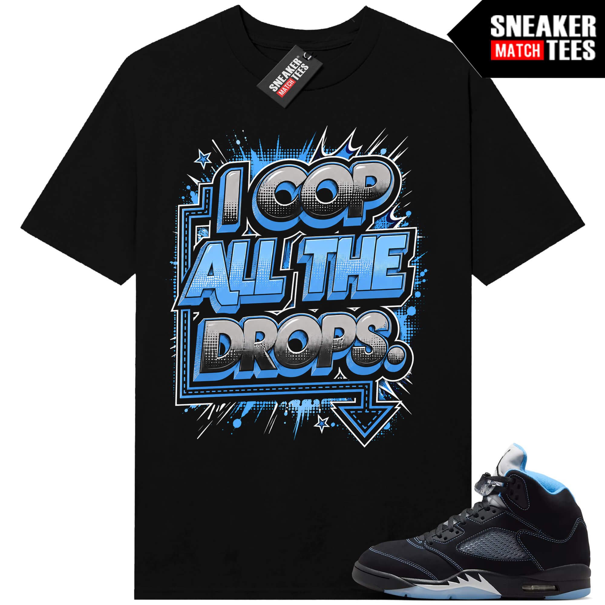 Black Carolina 5 AJ5 Sneaker Match Tees Black COP all the Drops