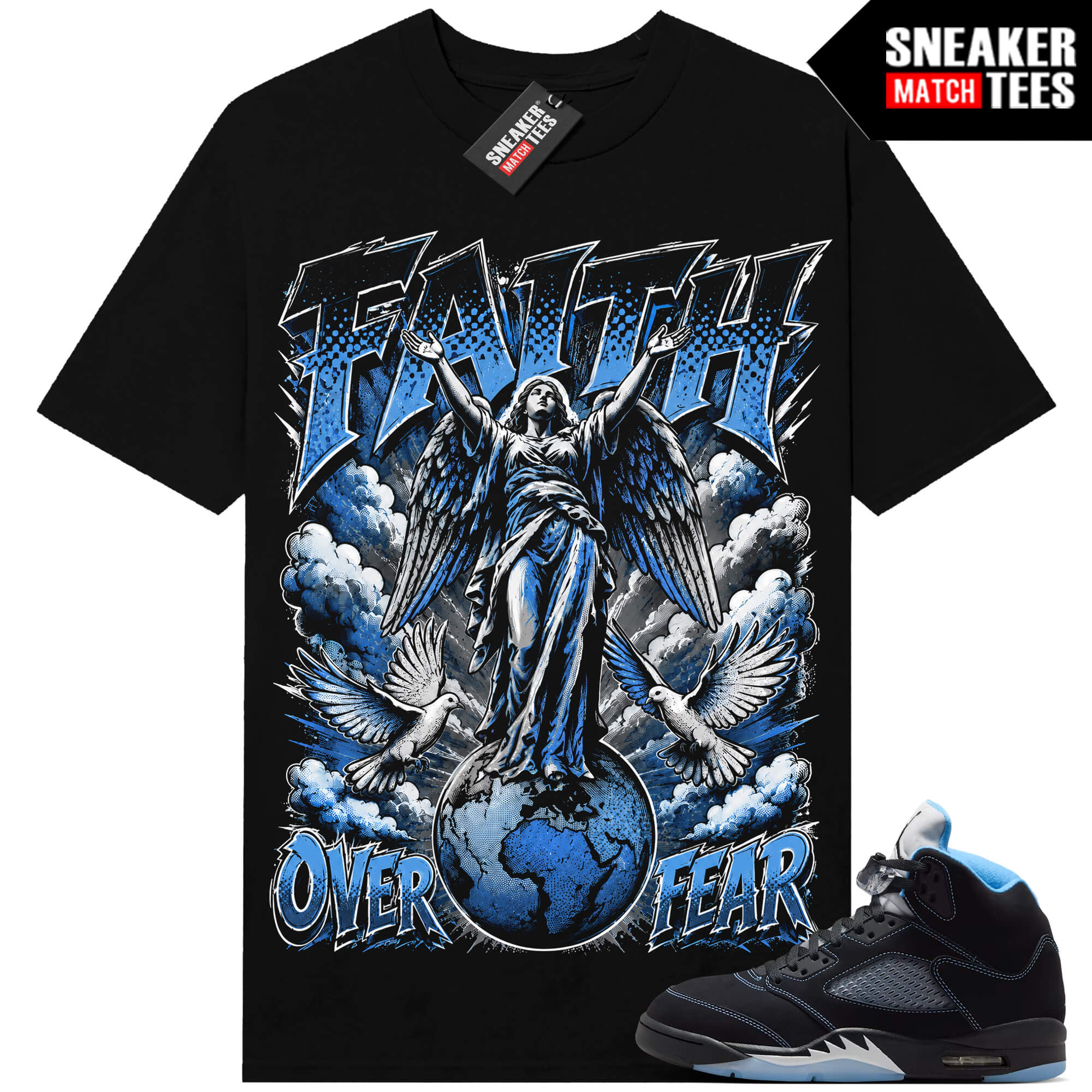 Black Carolina 5 AJ5 Sneaker Match Tees Black Faith Over Fear V2