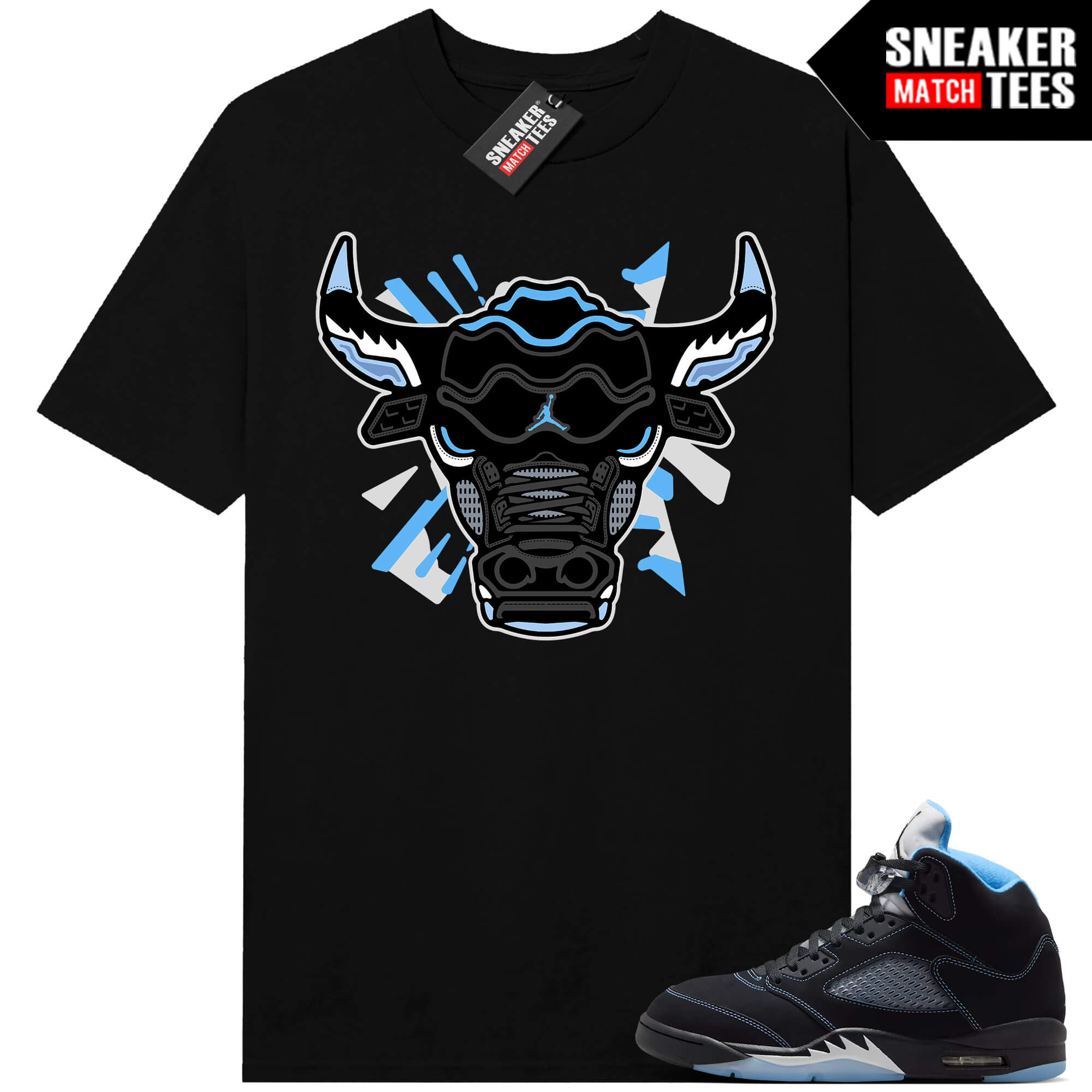 Black Carolina 5 AJ5 Sneaker Match Tees Black Retro Bull