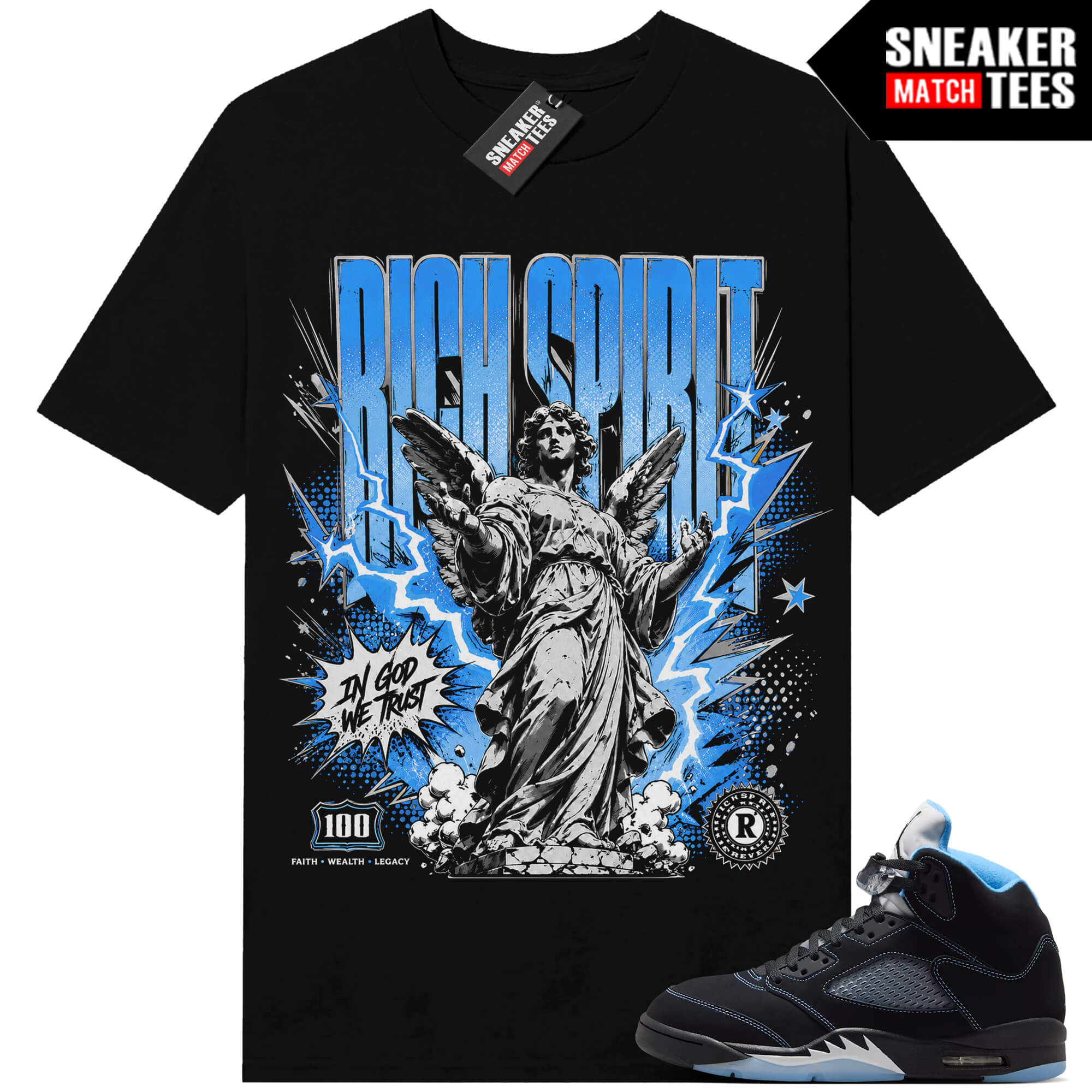 Black Carolina 5 AJ5 Sneaker Match Tees Black Rich Spirit V2