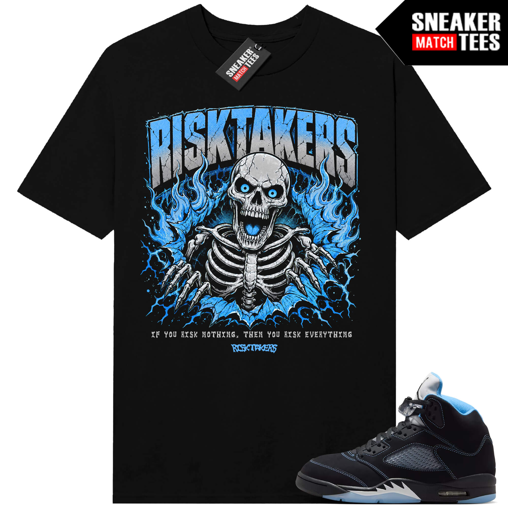 Black Carolina 5 AJ5 Sneaker Match Tees Black Risktakers Skeleton
