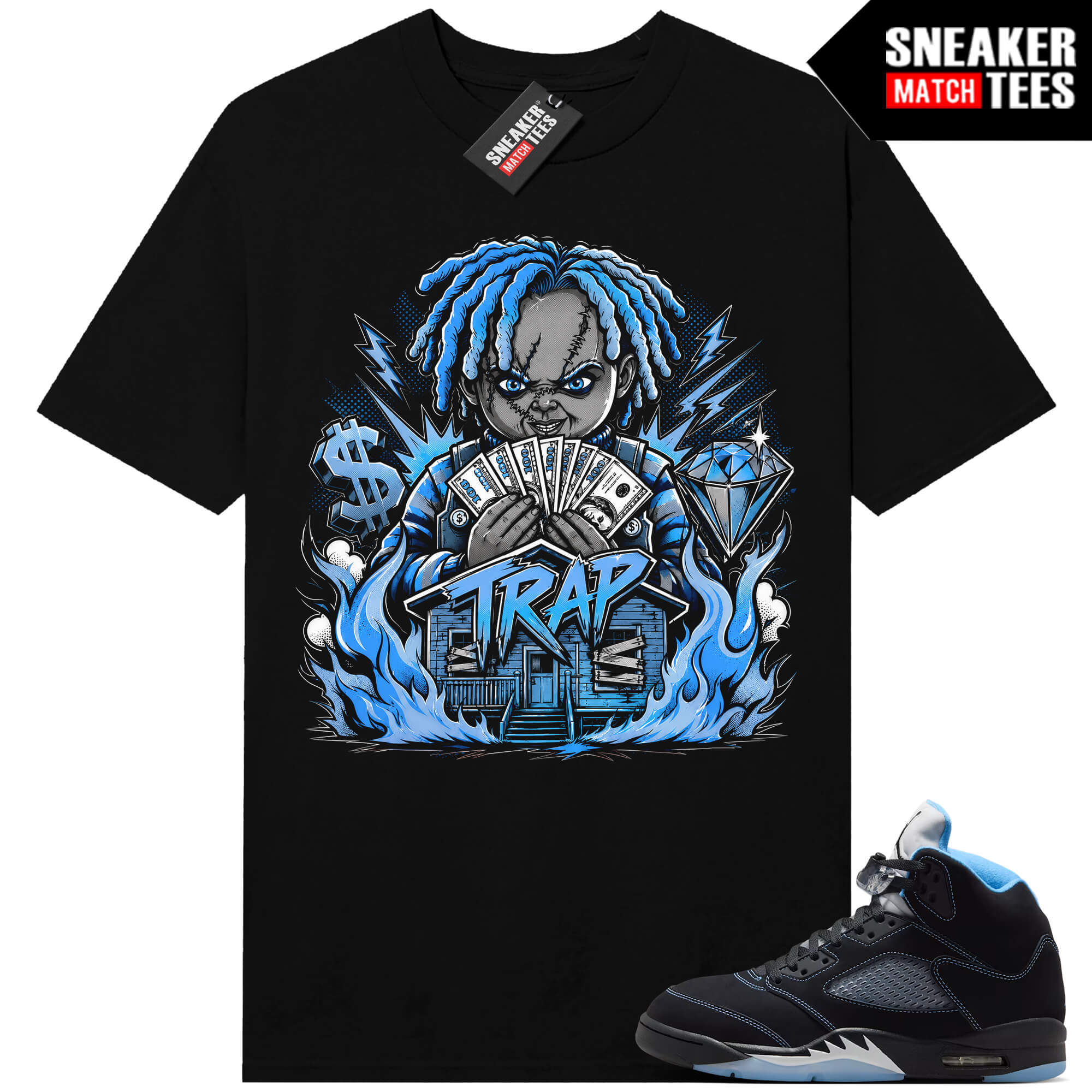 Black Carolina 5 AJ5 Sneaker Match Tees Black Trap Chucky V2