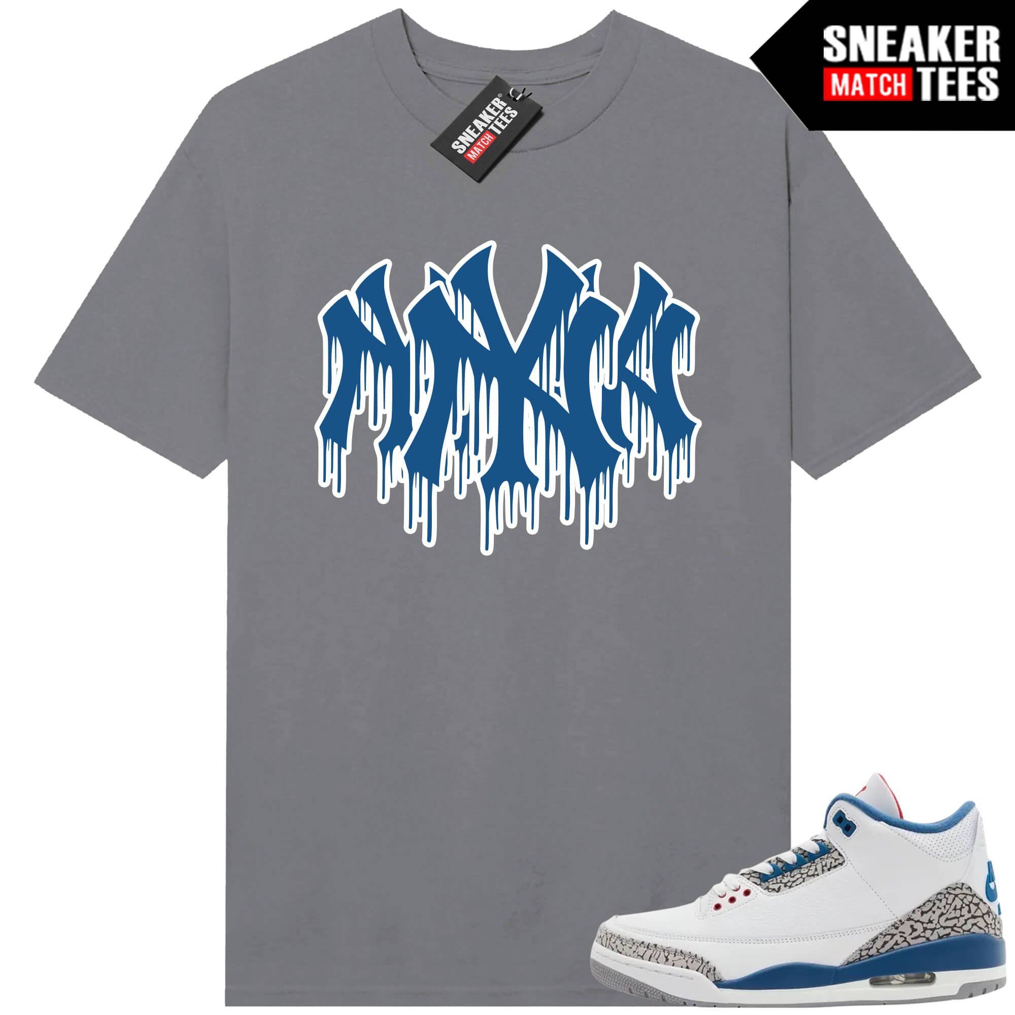 True Blue 3 AJ3 Sneaker Match Tees Grey NY Drip Triple Logo