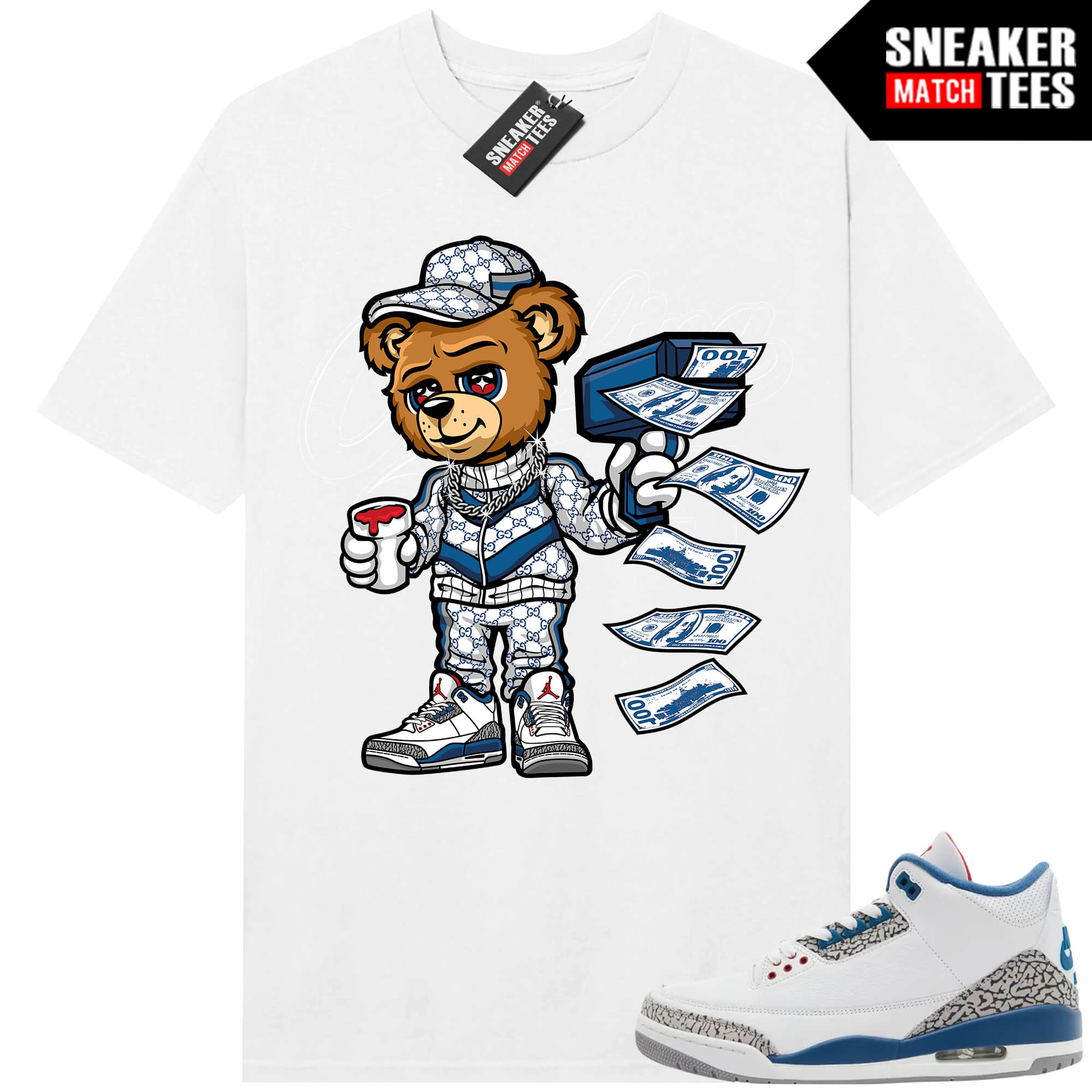 True Blue 3 AJ3 Sneaker Match Tees White Cash Canon Bear