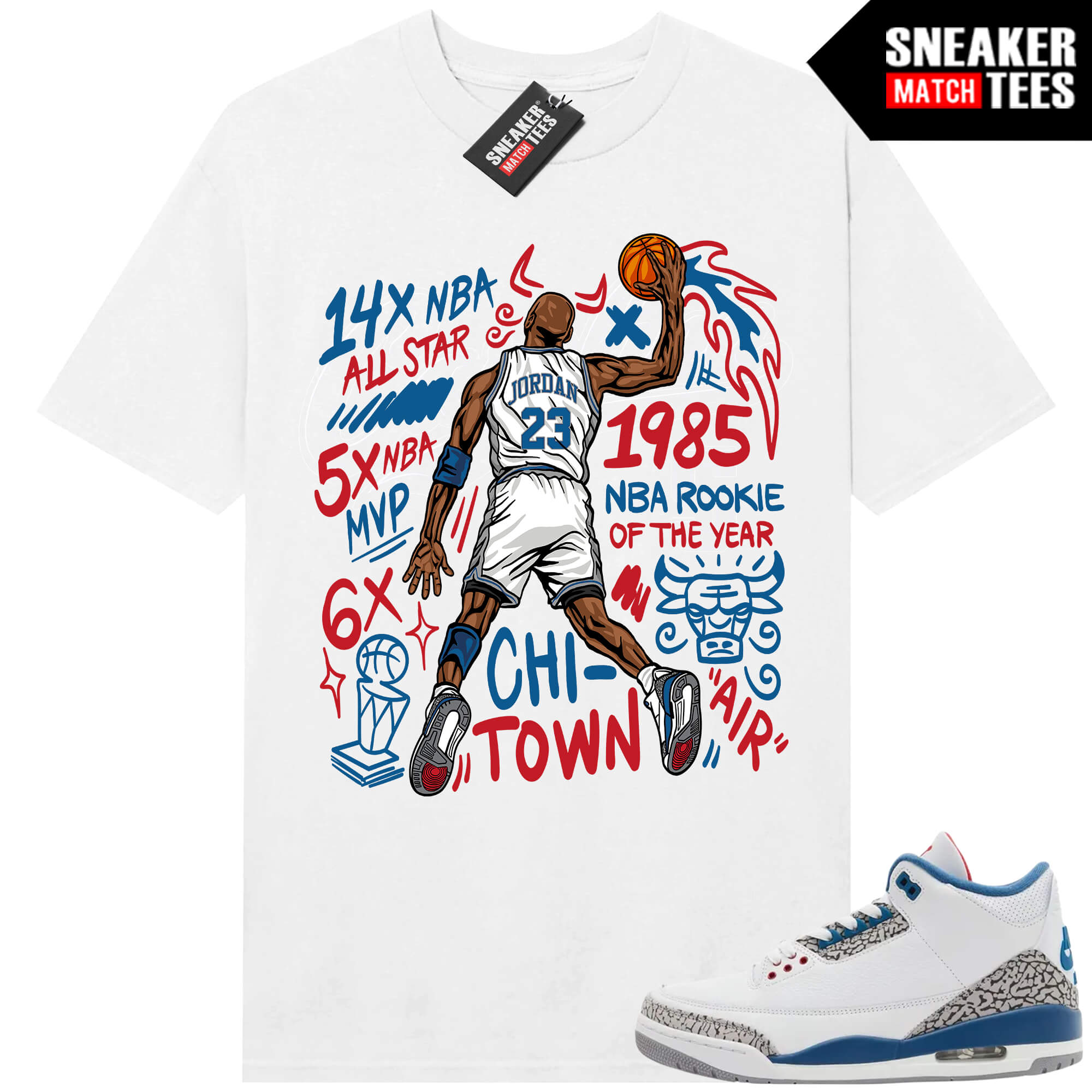 True Blue 3 AJ3 Sneaker Match Tees White MJ Slam Dunk
