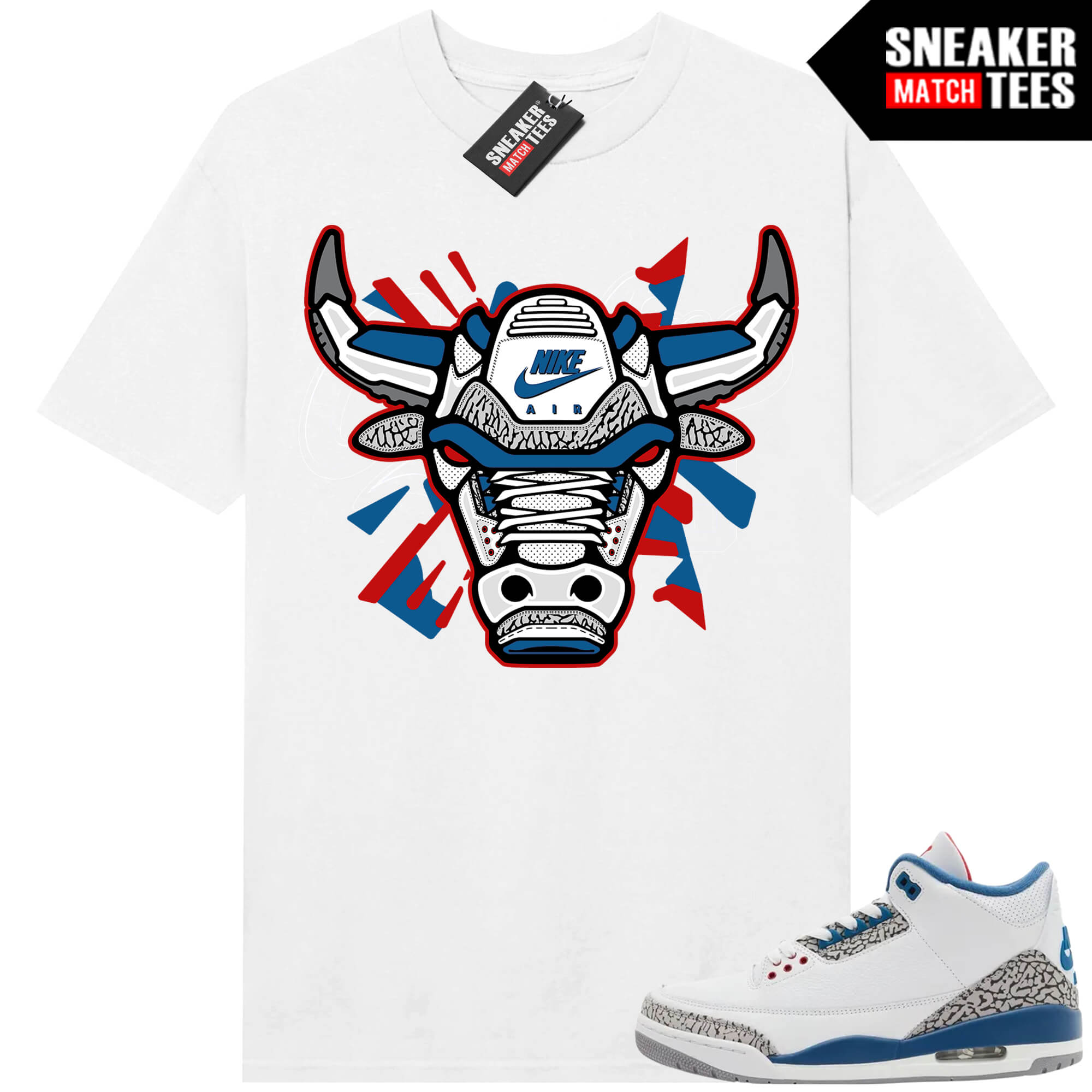 True Blue 3 AJ3 Sneaker Match Tees White Retro Bull
