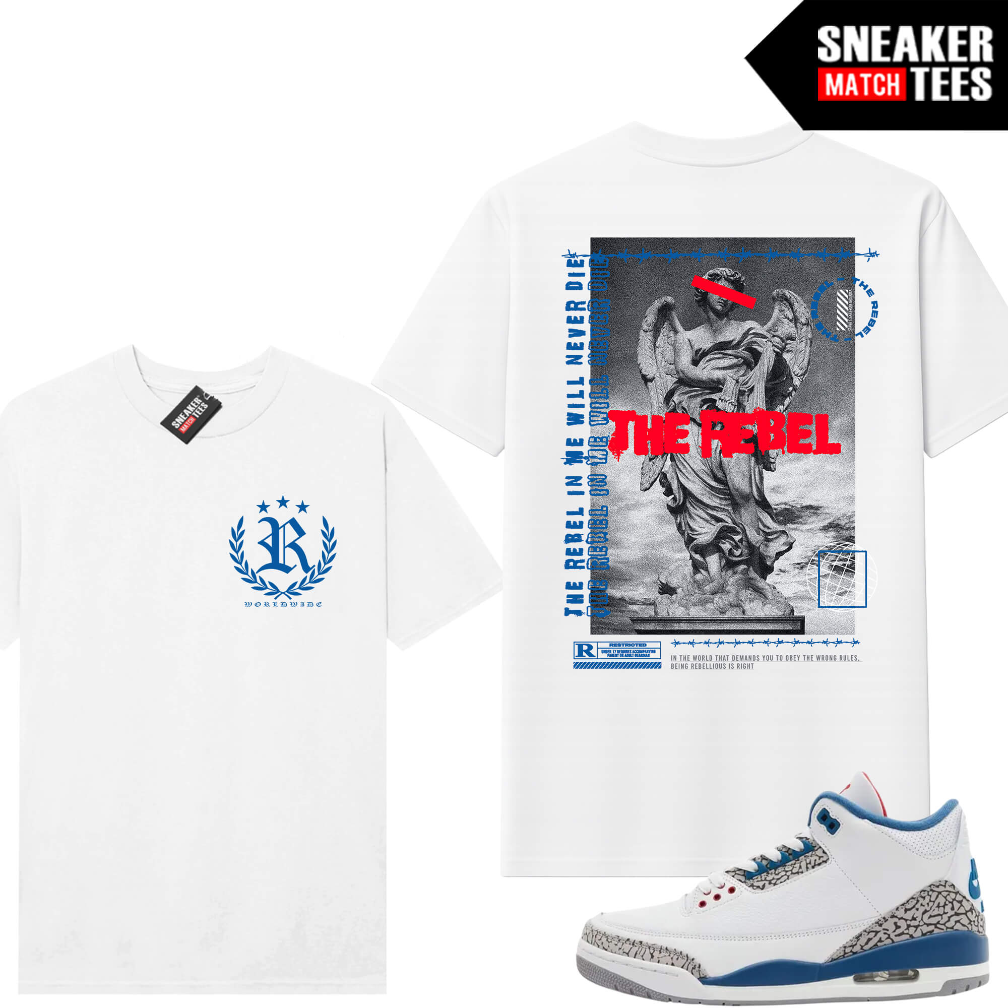 True Blue 3 AJ3 Sneaker Match Tees White V2 Rebel