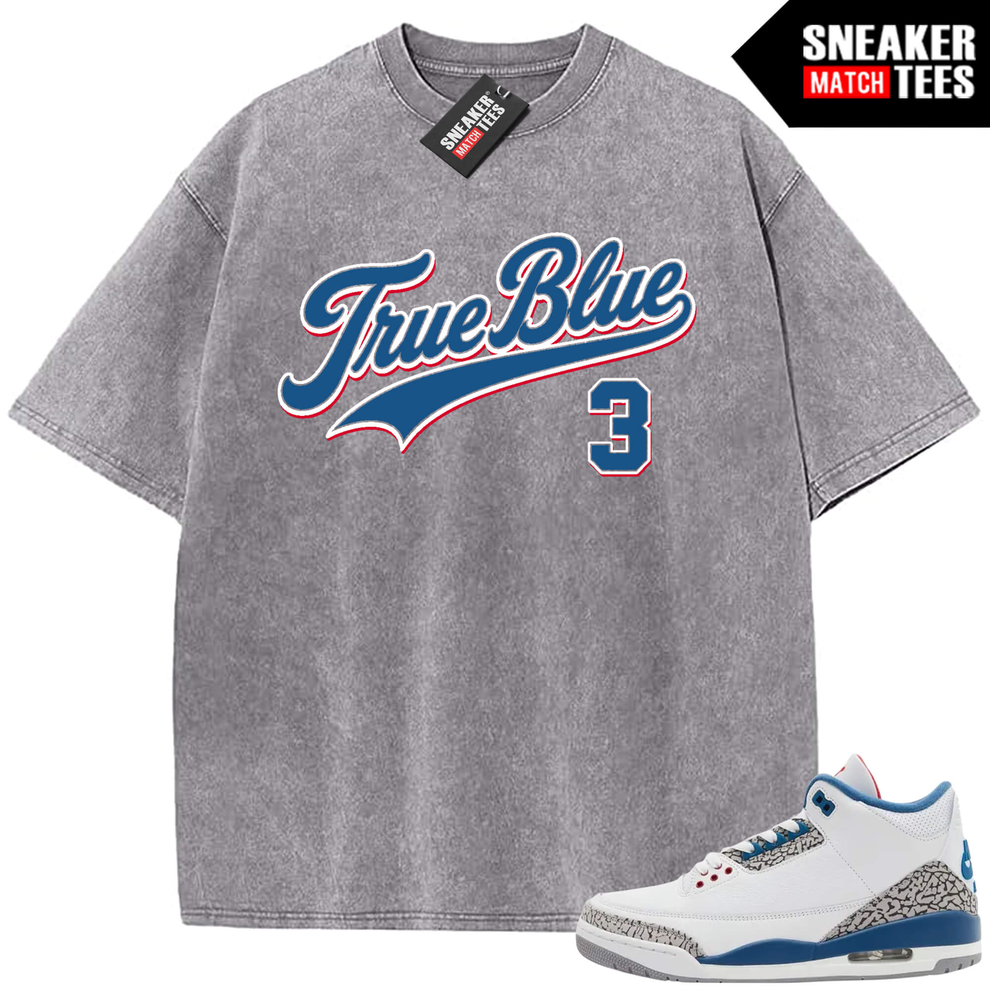 True Blue 3 AJ3 Sneaker Match Vintage Wash Tee Light Grey True Blue Script