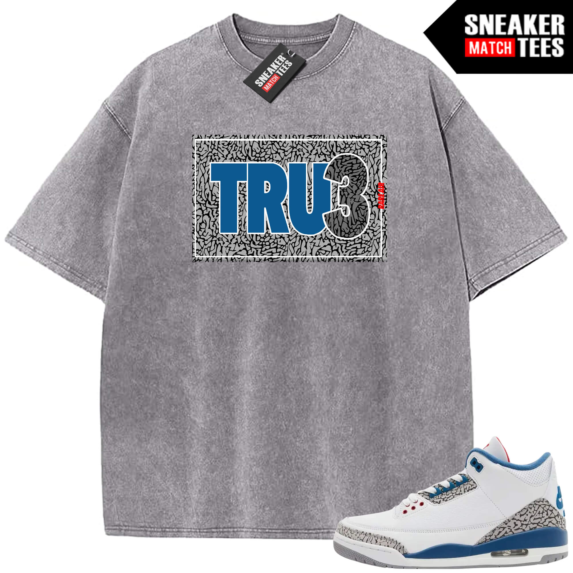 True Blue 3 AJ3 Sneaker Match Vintage Wash Tee Light Grey True Box