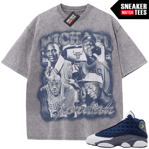 Flint 13 AJ13 Sneaker Match Vintage Wash Tee Light Grey MJ Oversized Print